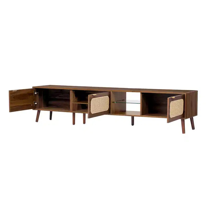 Mid Century TV Stand with Doors for 85 inch TV, Wood TV Storage Cabinet Table with Solid Wood Legs for Living Room, Walnut