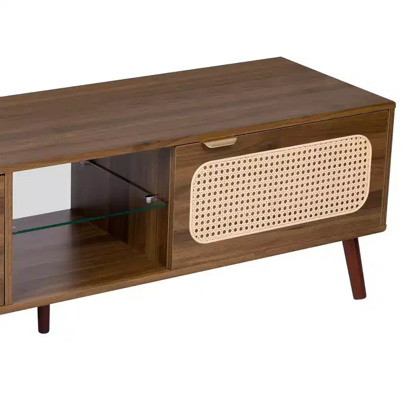 Mid Century TV Stand with Doors for 85 inch TV, Wood TV Storage Cabinet Table with Solid Wood Legs for Living Room, Walnut