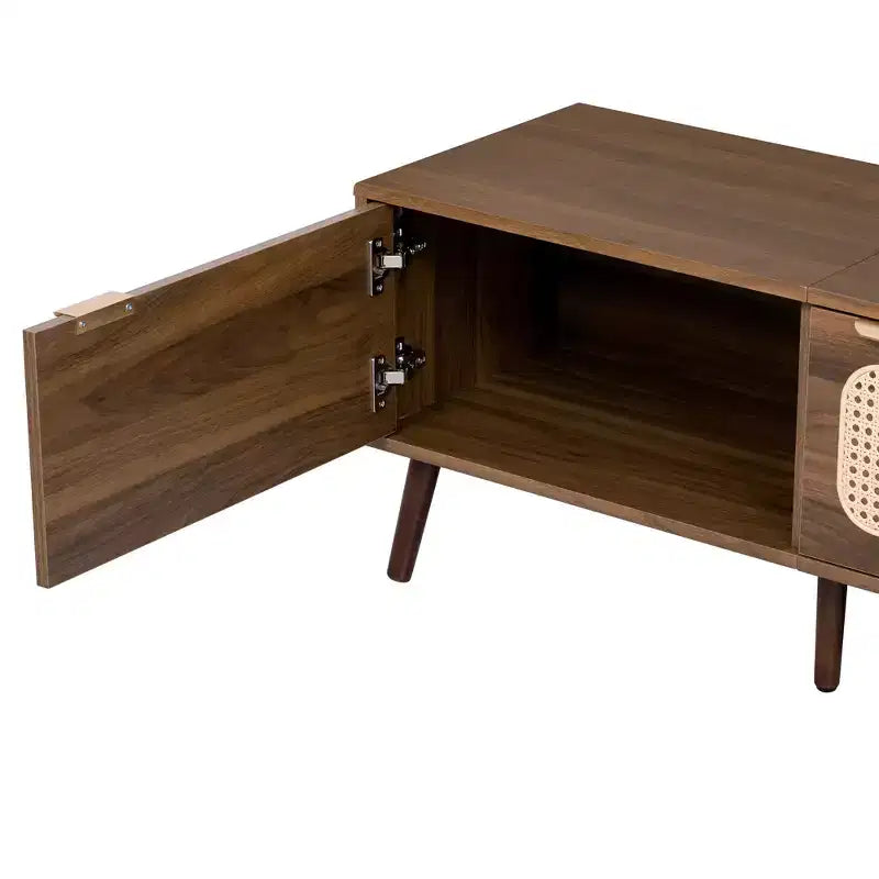 Mid Century TV Stand with Doors for 85 inch TV, Wood TV Storage Cabinet Table with Solid Wood Legs for Living Room, Walnut