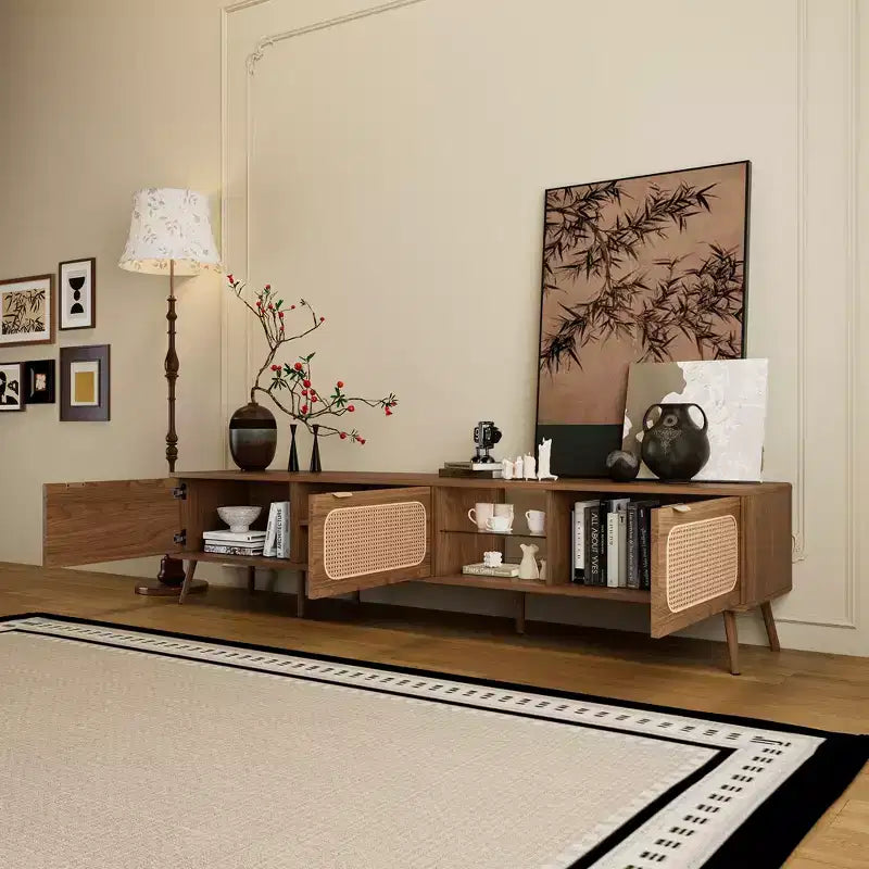 Mid Century TV Stand with Doors for 85 inch TV, Wood TV Storage Cabinet Table with Solid Wood Legs for Living Room, Walnut