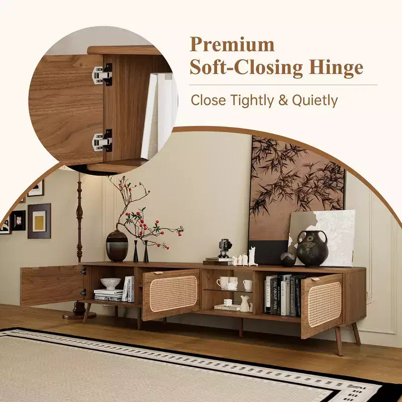 Mid Century TV Stand with Doors for 85 inch TV, Wood TV Storage Cabinet Table with Solid Wood Legs for Living Room, Walnut