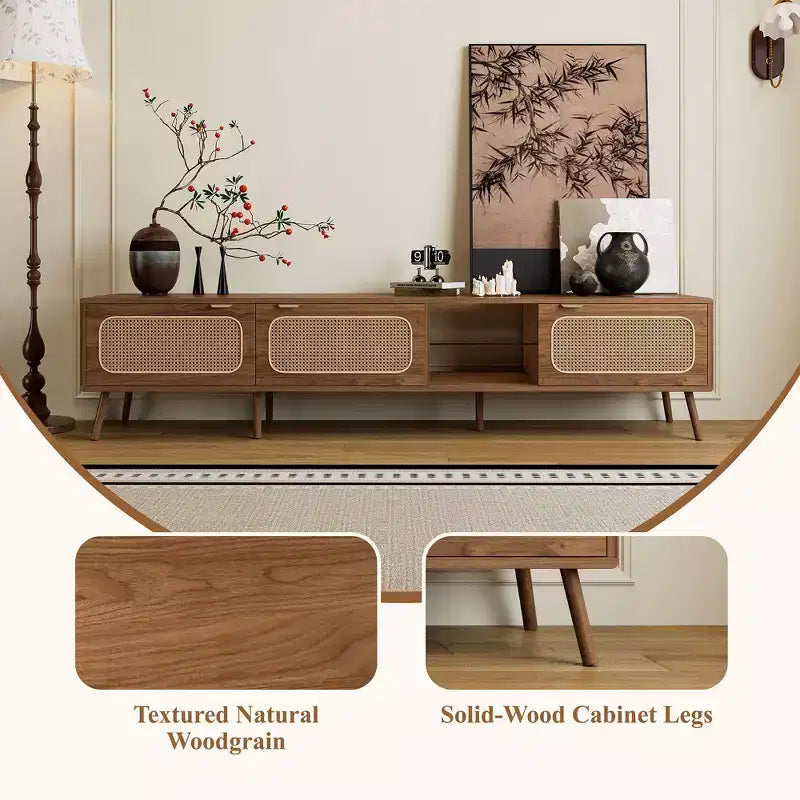 Mid Century TV Stand with Doors for 85 inch TV, Wood TV Storage Cabinet Table with Solid Wood Legs for Living Room, Walnut