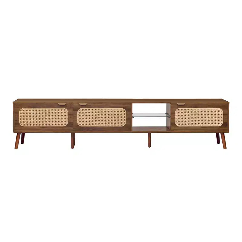 Mid Century TV Stand with Doors for 85 inch TV, Wood TV Storage Cabinet Table with Solid Wood Legs for Living Room, Walnut