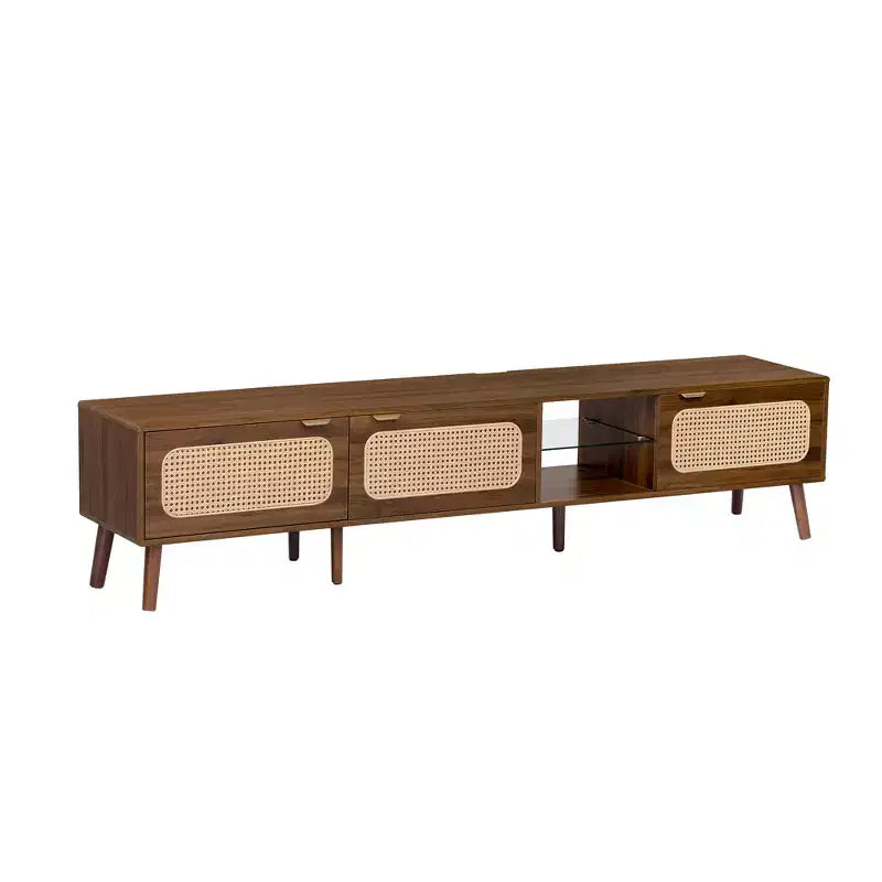 Mid Century TV Stand with Doors for 85 inch TV, Wood TV Storage Cabinet Table with Solid Wood Legs for Living Room, Walnut