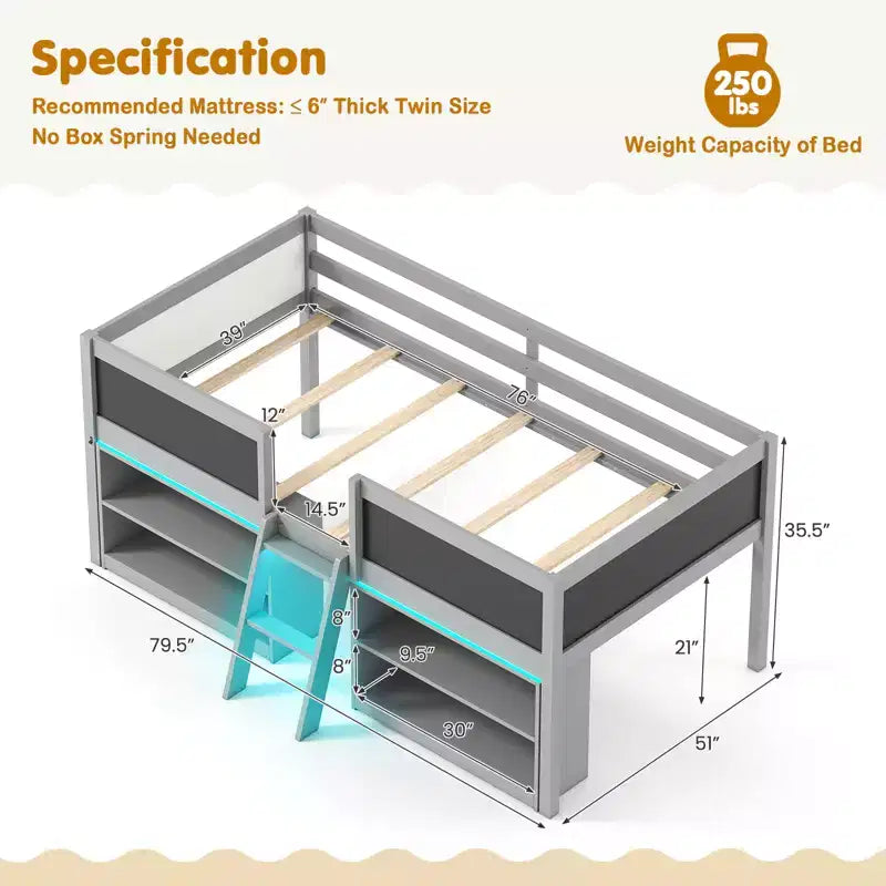 Lit cabane simple en bois avec bibliothèques pour enfant - lit bas