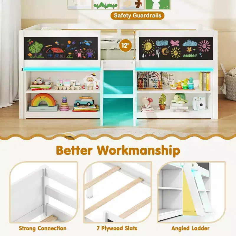 Lit cabane simple en bois avec bibliothèques pour enfant - lit bas