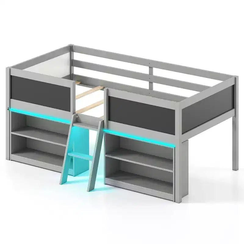 Costway Low Loft Bed Twin Size Wooden Bed Frame Kid's Cabin Bed w/ Bookcases