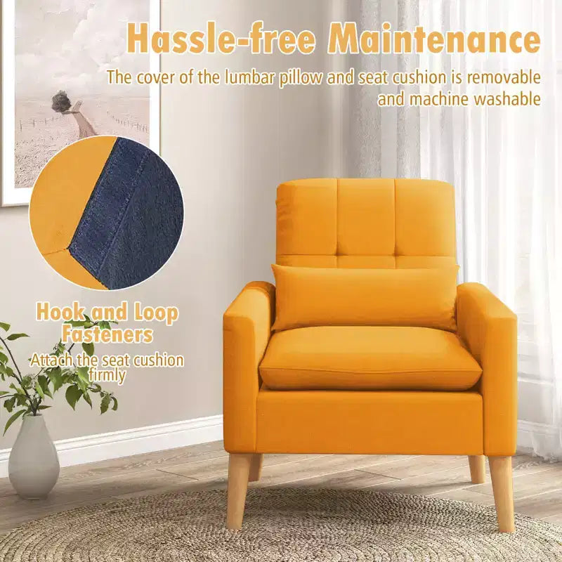 Fauteuil d'appoint capitonné avec coussin lombaire Pieds en bois de caoutchouc naturel Tissu en lin moderne Beige/Gris