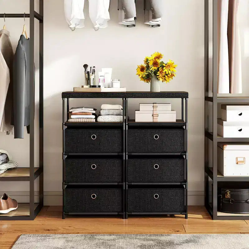 Commode 3 tiroirs avec étagère et bacs en tissu, unité de rangement industrielle