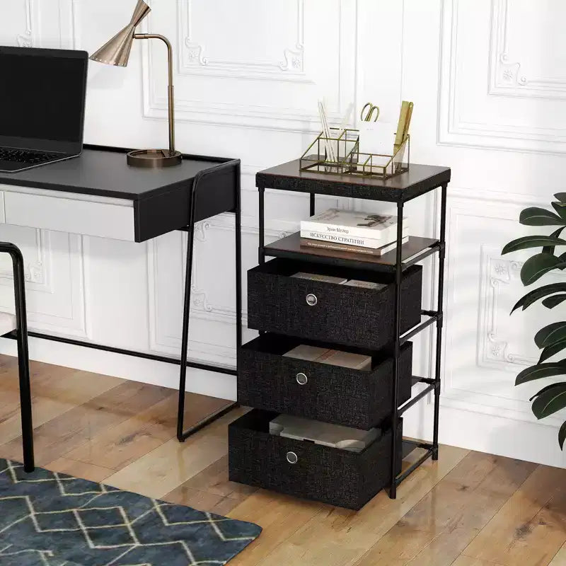 Commode 3 tiroirs avec étagère et bacs en tissu, unité de rangement industrielle
