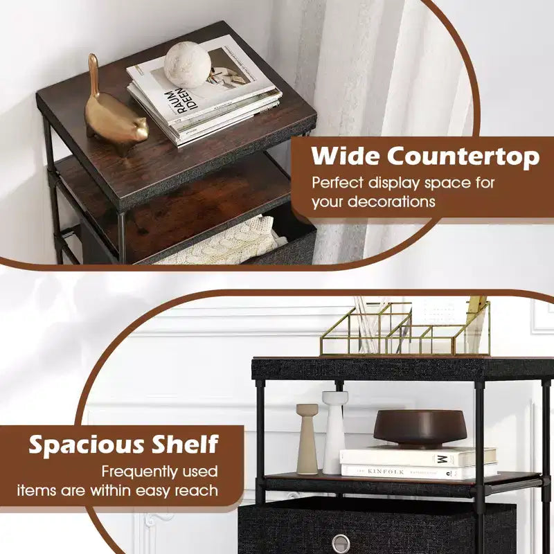 Commode 3 tiroirs avec étagère et bacs en tissu, unité de rangement industrielle