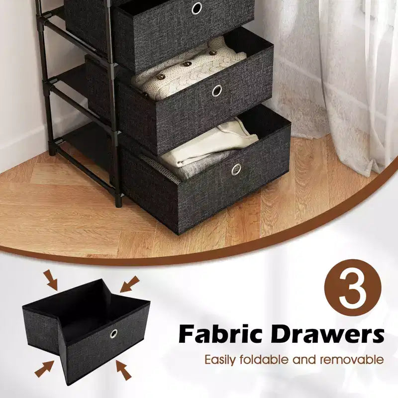 Commode 3 tiroirs avec étagère et bacs en tissu, unité de rangement industrielle