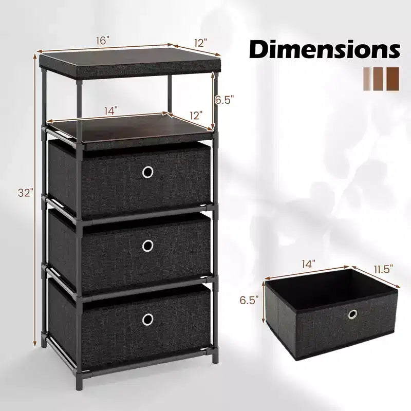 Commode 3 tiroirs avec étagère et bacs en tissu, unité de rangement industrielle