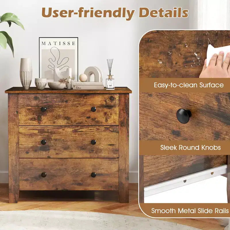 Commode 3 tiroirs de 72 cm de large, grande table de chevet moderne pour chambre à coucher
