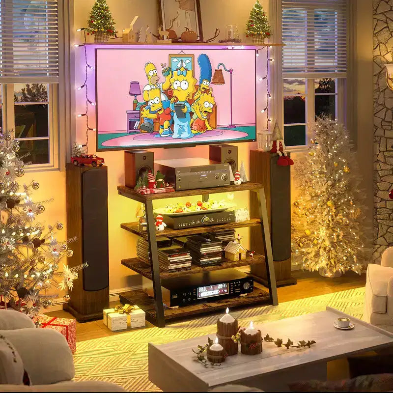 Étagères à Livres à 4 Niveaux avec Station de Charge et Lumières LED, Petit Meuble TV pour Centre de Divertissement