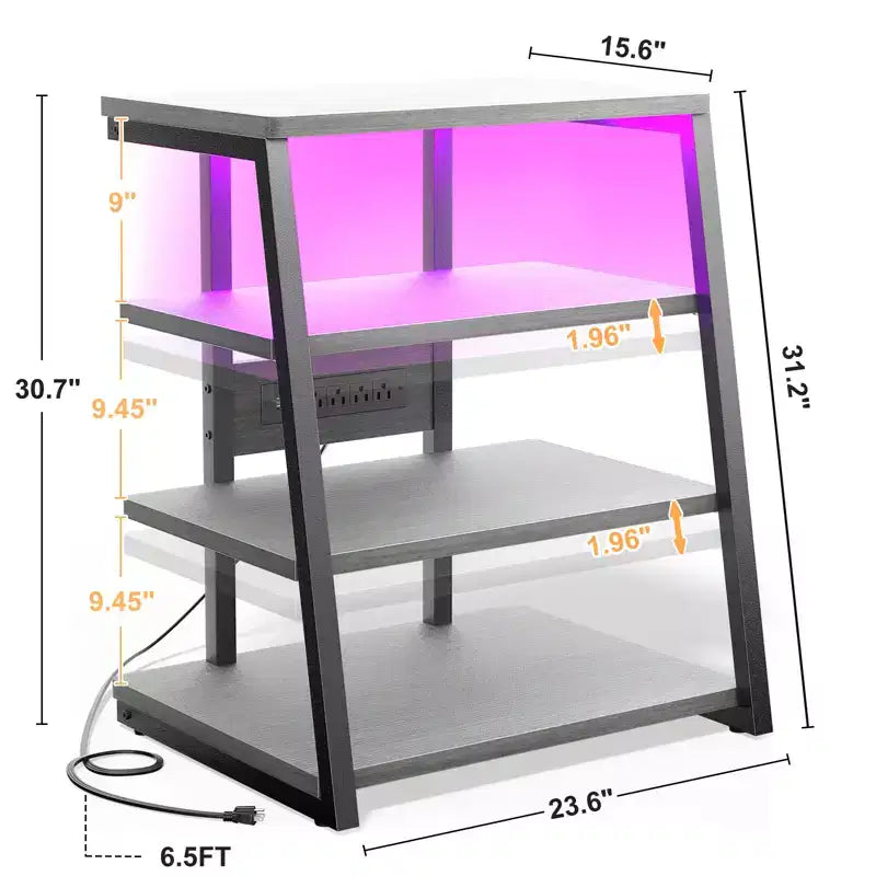 Étagères à Livres à 4 Niveaux avec Station de Charge et Lumières LED, Petit Meuble TV pour Centre de Divertissement