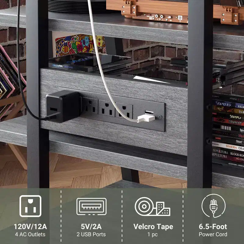 Étagères à Livres à 4 Niveaux avec Station de Charge et Lumières LED, Petit Meuble TV pour Centre de Divertissement