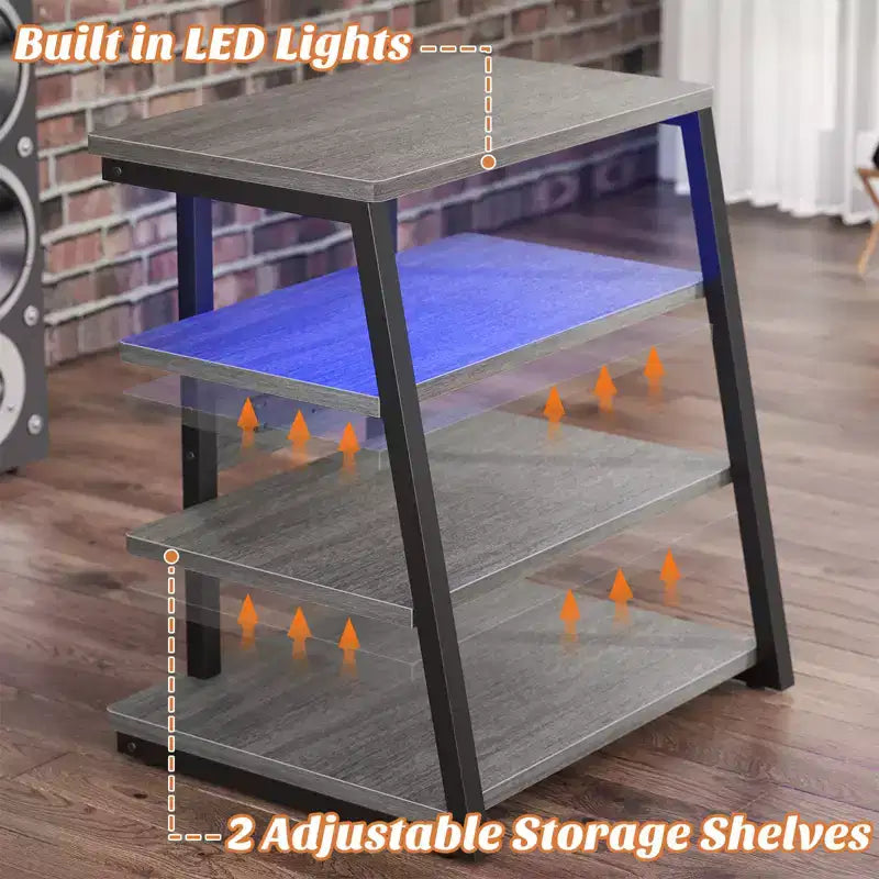 Étagères à Livres à 4 Niveaux avec Station de Charge et Lumières LED, Petit Meuble TV pour Centre de Divertissement