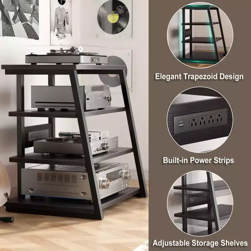Étagères à Livres à 4 Niveaux avec Station de Charge et Lumières LED, Petit Meuble TV pour Centre de Divertissement