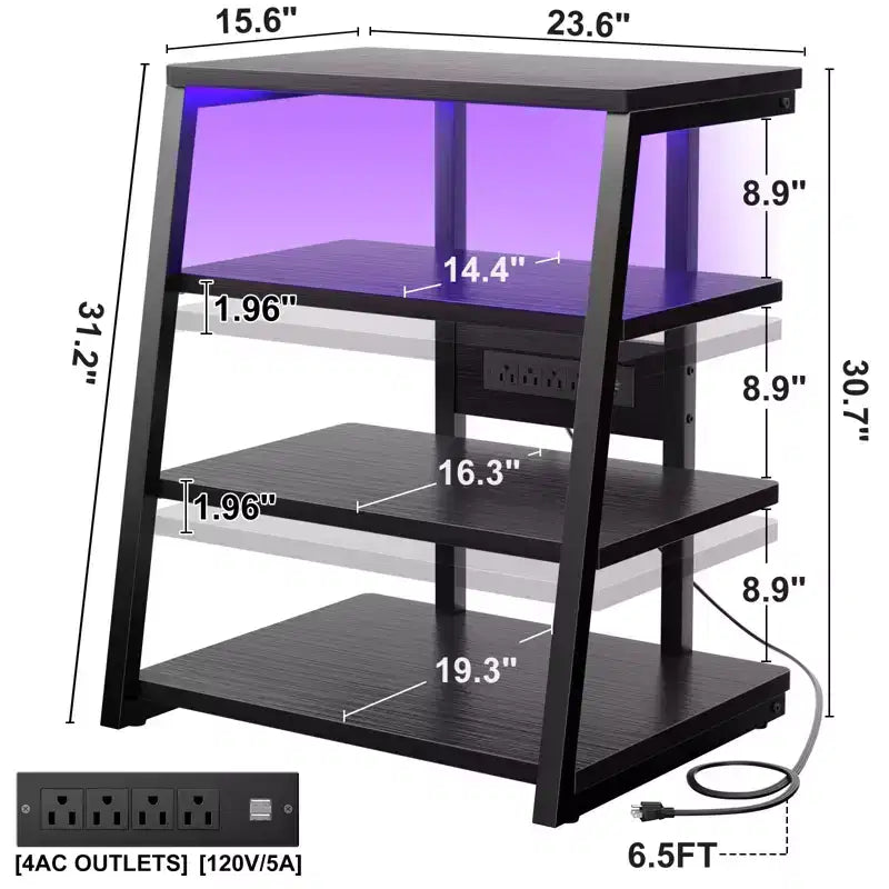 Étagères à Livres à 4 Niveaux avec Station de Charge et Lumières LED, Petit Meuble TV pour Centre de Divertissement