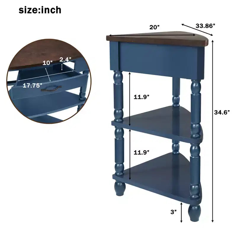 Table d'appoint d'angle triangulaire avec pieds en bois massif pour petits espaces et salon, dessus bleu marine et expresso