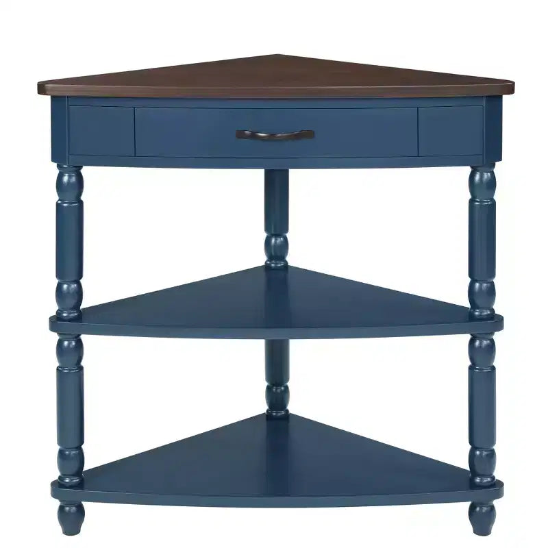 Table d'appoint d'angle triangulaire avec pieds en bois massif pour petits espaces et salon, dessus bleu marine et expresso