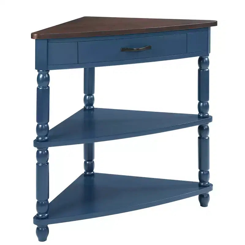Table d'appoint d'angle triangulaire avec pieds en bois massif pour petits espaces et salon, dessus bleu marine et expresso