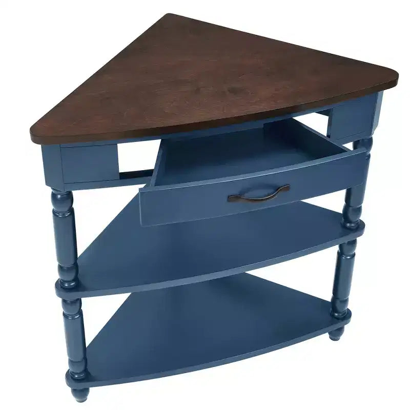 Table d'appoint d'angle triangulaire avec pieds en bois massif pour petits espaces et salon, dessus bleu marine et expresso