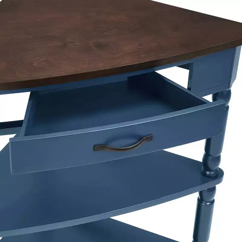 Table d'appoint d'angle triangulaire avec pieds en bois massif pour petits espaces et salon, dessus bleu marine et expresso