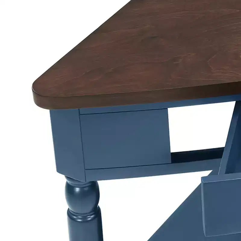 Table d'appoint d'angle triangulaire avec pieds en bois massif pour petits espaces et salon, dessus bleu marine et expresso
