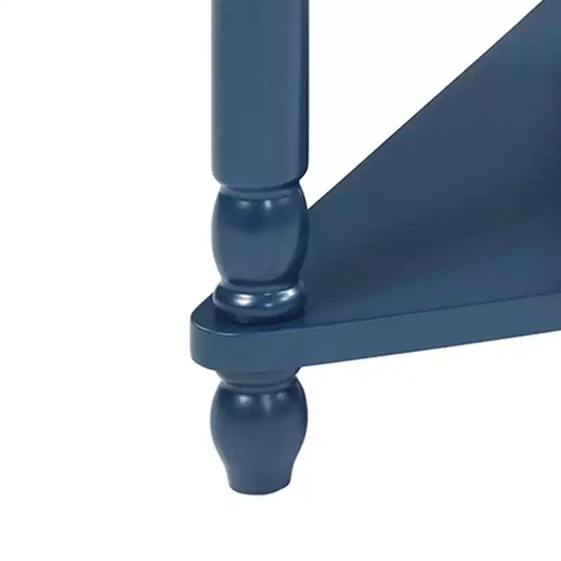 Table d'appoint d'angle triangulaire avec pieds en bois massif pour petits espaces et salon, dessus bleu marine et expresso