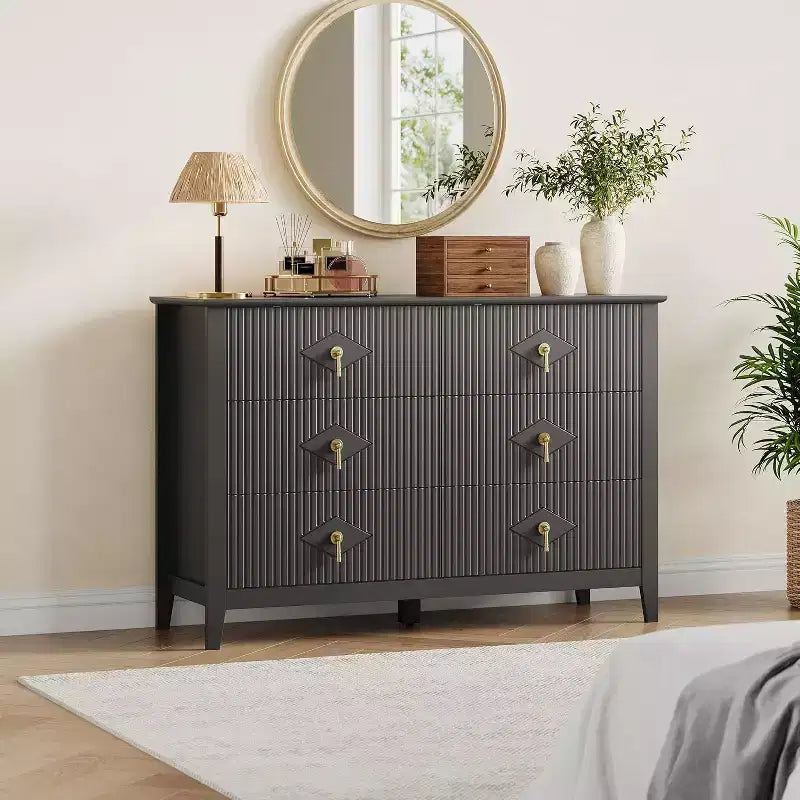 Commode à 6 tiroirs cannelés de 54 po de large pour chambre à coucher, commode moderne en bois avec poignées en métal, meuble de rangement pour salon, couloir ou entrée