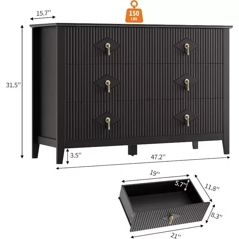 Commode à 6 tiroirs cannelés de 54 po de large pour chambre à coucher, commode moderne en bois avec poignées en métal, meuble de rangement pour salon, couloir ou entrée