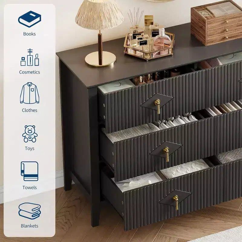 Commode à 6 tiroirs cannelés de 54 po de large pour chambre à coucher, commode moderne en bois avec poignées en métal, meuble de rangement pour salon, couloir ou entrée
