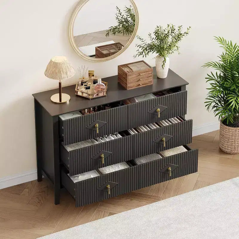 Commode à 6 tiroirs cannelés de 54 po de large pour chambre à coucher, commode moderne en bois avec poignées en métal, meuble de rangement pour salon, couloir ou entrée