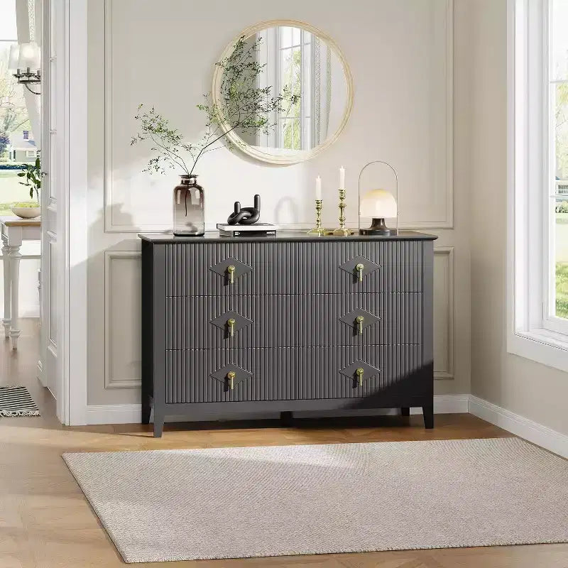 Commode à 6 tiroirs cannelés de 54 po de large pour chambre à coucher, commode moderne en bois avec poignées en métal, meuble de rangement pour salon, couloir ou entrée