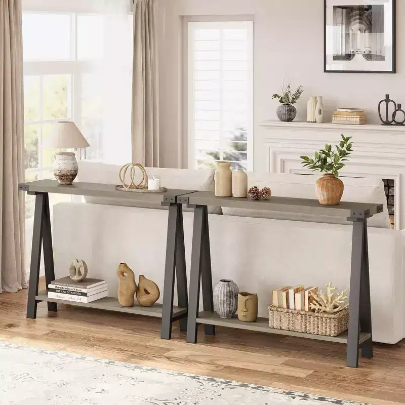 Console de ferme avec cadre en métal - Table basse pour derrière le canapé, rangement d'entrée et de couloir