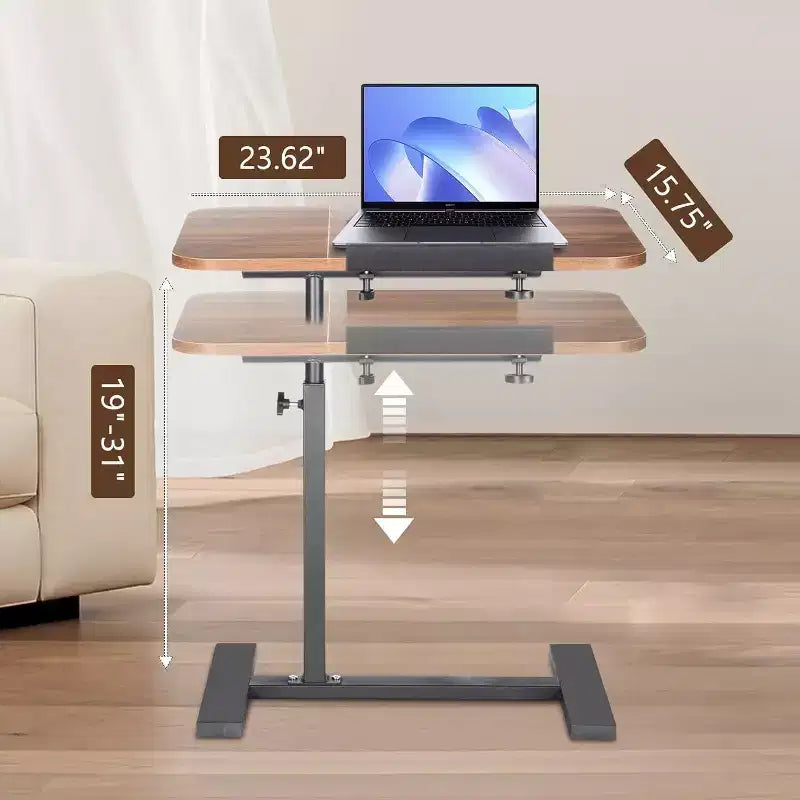 Bureau portable roulant à hauteur réglable avec plateau inclinable et roulettes dissimulées - Poste de travail mobile pour lit, cadre métallique robuste