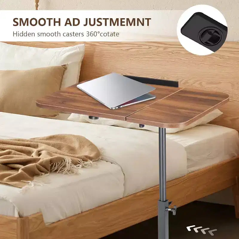 Bureau portable roulant à hauteur réglable avec plateau inclinable et roulettes dissimulées - Poste de travail mobile pour lit, cadre métallique robuste