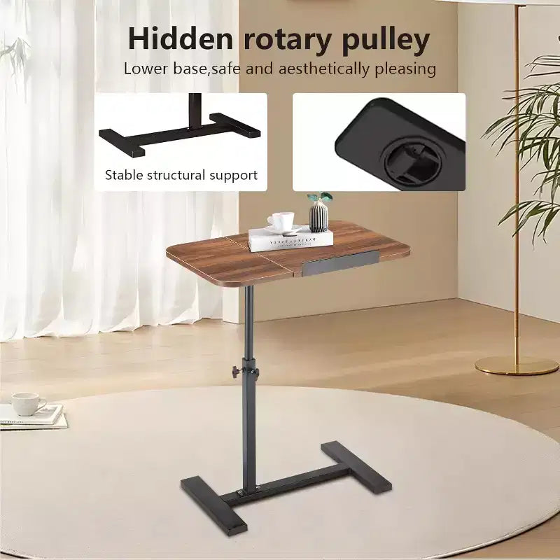 Bureau portable roulant à hauteur réglable avec plateau inclinable et roulettes dissimulées - Poste de travail mobile pour lit, cadre métallique robuste