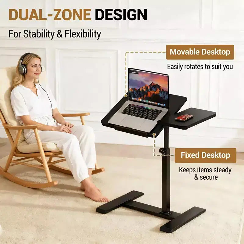 Bureau portable roulant à hauteur réglable avec plateau inclinable et roulettes dissimulées - Poste de travail mobile pour lit, cadre métallique robuste