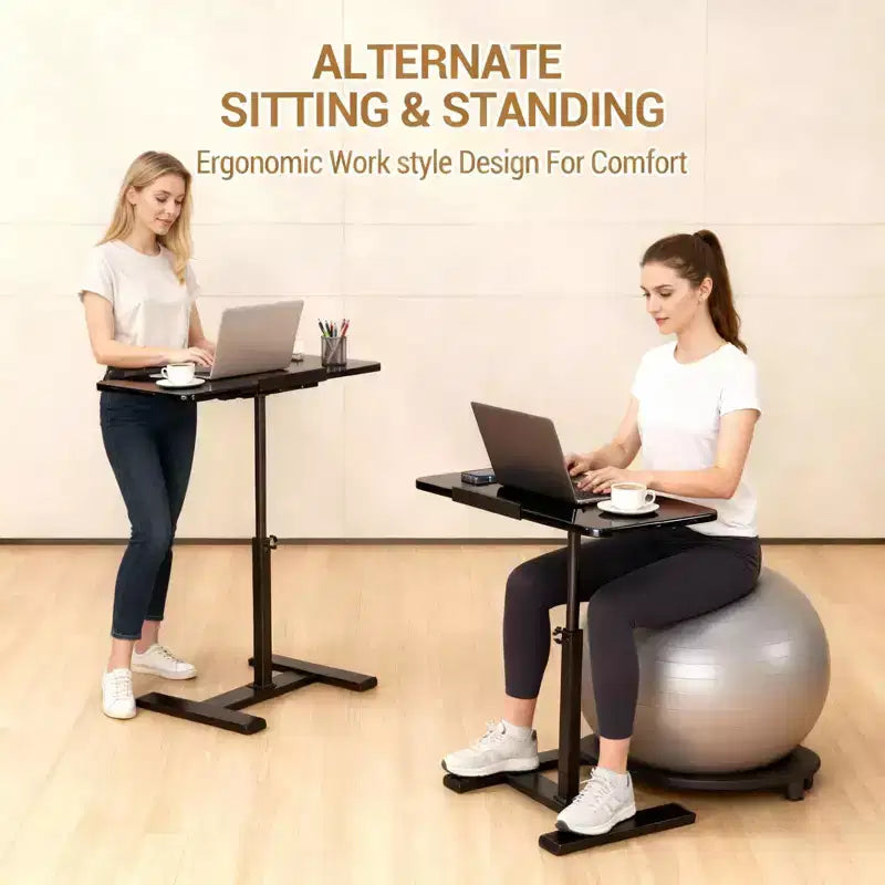 Bureau portable roulant à hauteur réglable avec plateau inclinable et roulettes dissimulées - Poste de travail mobile pour lit, cadre métallique robuste