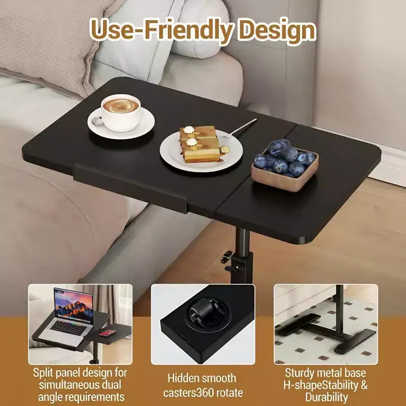 Bureau portable roulant à hauteur réglable avec plateau inclinable et roulettes dissimulées - Poste de travail mobile pour lit, cadre métallique robuste