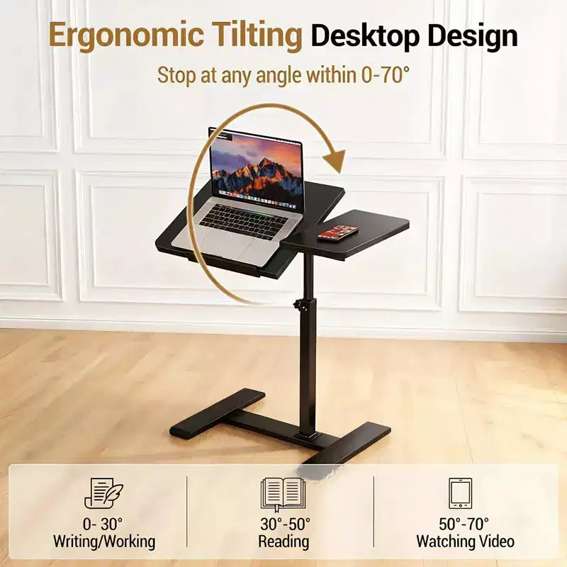 Bureau portable roulant à hauteur réglable avec plateau inclinable et roulettes dissimulées - Poste de travail mobile pour lit, cadre métallique robuste
