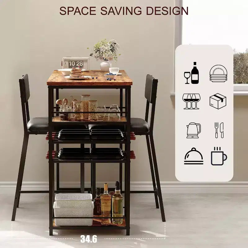 Dining Table Set for 2, High Top Bar Table and Chairs Set, Open Storage Shelves, Built-in Cup Holder & Wine Rack, for Small Kitchens, Apartments
