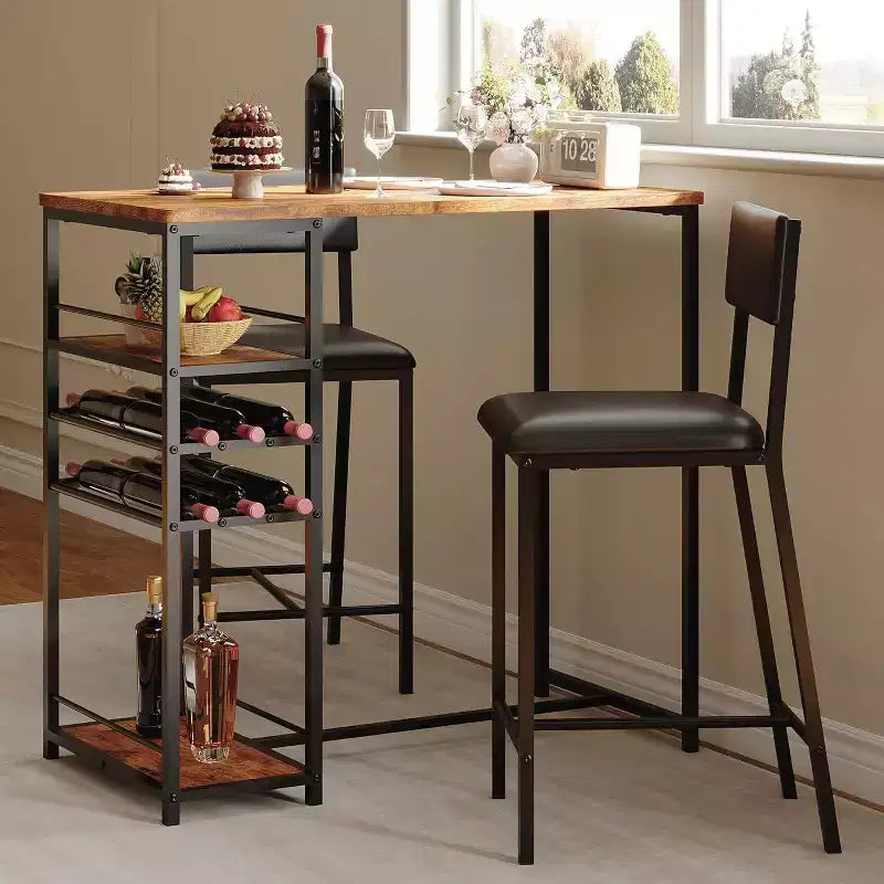 Dining Table Set for 2, High Top Bar Table and Chairs Set, Open Storage Shelves, Built-in Cup Holder & Wine Rack, for Small Kitchens, Apartments