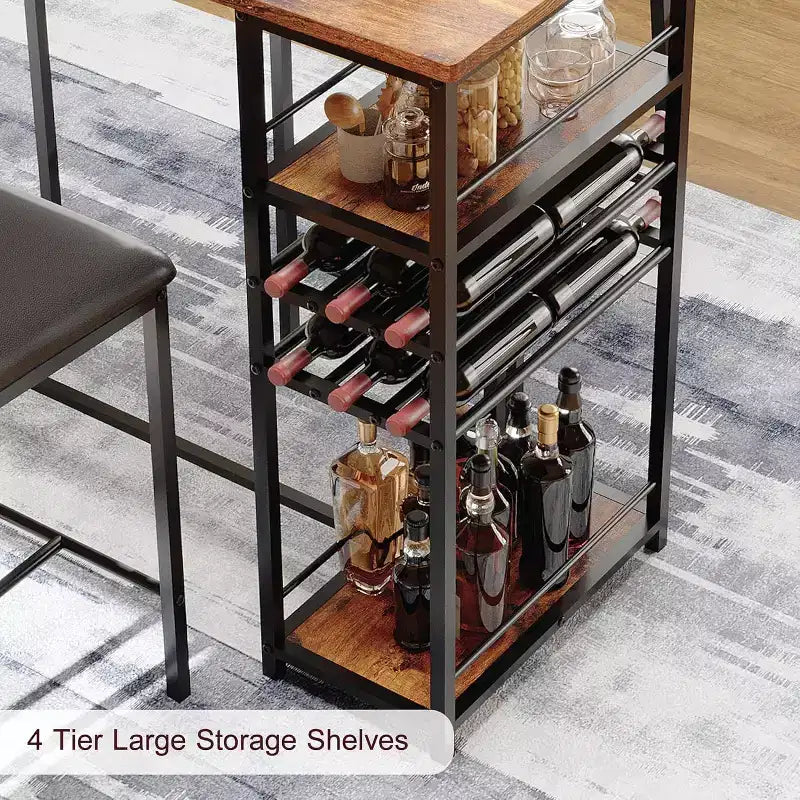 Dining Table Set for 2, High Top Bar Table and Chairs Set, Open Storage Shelves, Built-in Cup Holder & Wine Rack, for Small Kitchens, Apartments