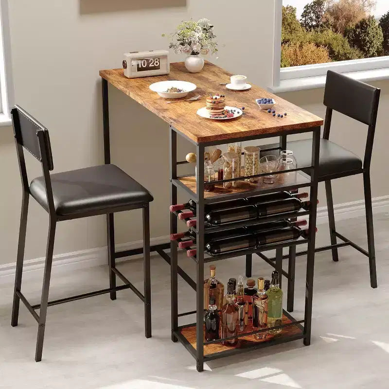 Dining Table Set for 2, High Top Bar Table and Chairs Set, Open Storage Shelves, Built-in Cup Holder & Wine Rack, for Small Kitchens, Apartments