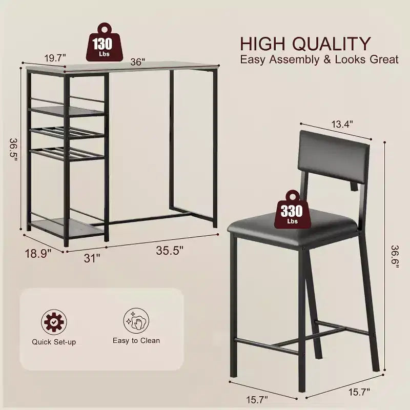 Dining Table Set for 2, High Top Bar Table and Chairs Set, Open Storage Shelves, Built-in Cup Holder & Wine Rack, for Small Kitchens, Apartments