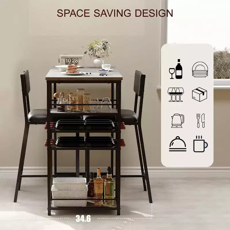 Dining Table Set for 2, High Top Bar Table and Chairs Set, Open Storage Shelves, Built-in Cup Holder & Wine Rack, for Small Kitchens, Apartments